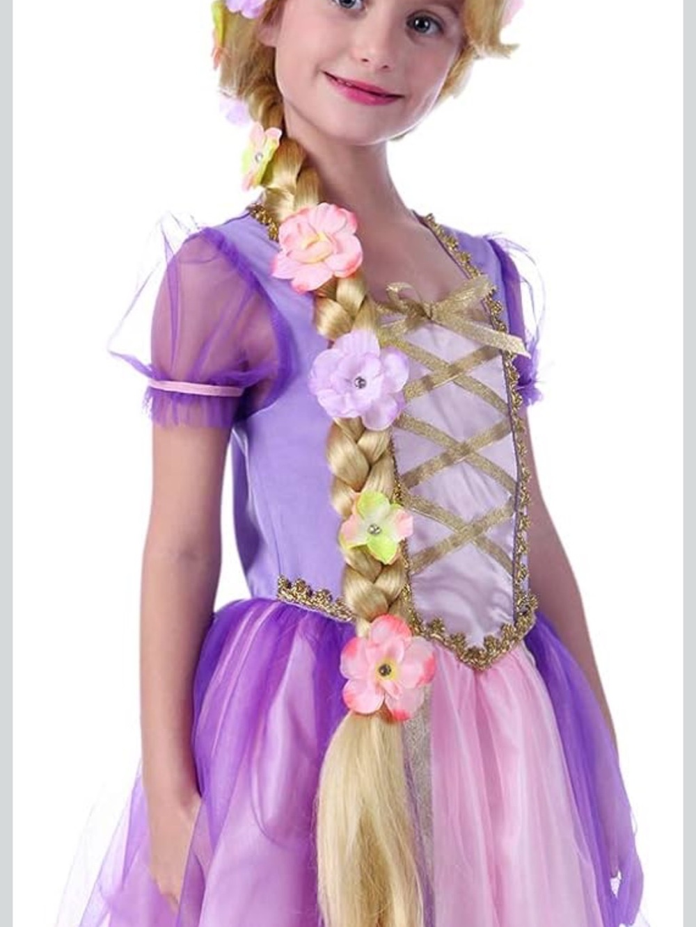 💜NWT PRINCESS RAPUNZEL STYLER KIDS LONG BLONDE WIG WITH FAIRYTALE BRAID &FLOWERS